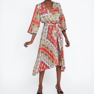 Zara Pleated Skirt Scarf Print Asymmetrical Dress